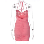 Pink Pleated Halter Bodycon Mini Dress