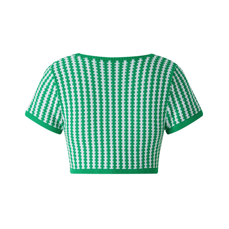 Green Plaid Square Collar Bandage Knit Short Sleeve T-shirt