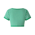 Green Plaid Square Collar Bandage Knit Short Sleeve T-shirt
