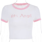 Cute Sexy Angel Pink Cartoon Crop Top Short Sleeve Shirt Tee T-shirt Kawaii Korean Japanese Harajuku Chinese Retro Streetwear Aesthetic Fashion