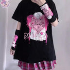 Cute Black Punk Goth Anime Girl Cartoon Print Short Sleeve Shirt Oversized Loose T-shirt Tee Top E-Girl Kawaii Korean Japanese Harajuku Streetwear