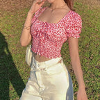 Cute Floral Butterfly Puff Tie Up Crop Top Short Sleeve Shirt Tee T-shirt Kawaii Korean Japanese Harajuku Chinese Retro Streetwear Aesthetic Fashion