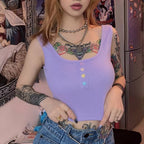 Cute Pastel Purple Heart Button Ribbed Knit Crop Top Causal Tank Top Casual Camisole T-shirt Tee E-Girl Kawaii Korean Japanese Harajuku Streetwear