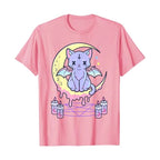 Cute Pastel Black Cat Witch Magic Moon Print Short Sleeve T-shirt Goth Punk Aesthetic Casual E-Girl Kawaii Korean Japanese Harajuku