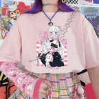 Cute Pink Black Sweet Vintage Anime Girl Cartoon Loose Short Sleeve Shirt Tee T-shirt Summer Casual E-Girl Kawaii Korean Japanese Harajuku Streetwear