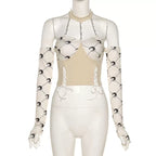 Cute Moon Print Patchwork Bandage Bustier Chain Halter Crop Top Off Shoulder Long Sleeve Shirt Aesthetic E-Girl Kawaii Korean Japanese Harajuku