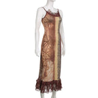 Retro Brown Lace V Neck Maxi Dress