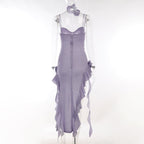 Purple Glitter Flower Frill Split Midi Dress