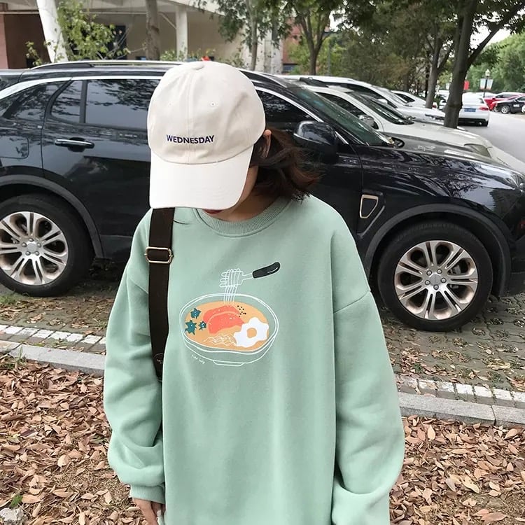 Dumpling Ramen Food Cartoon Print Loose Oversized Long Sleeve Sweatshirt Sweater Pullover Causal E-Girl Kawaii Korean Japanese Harajuku Streetwear