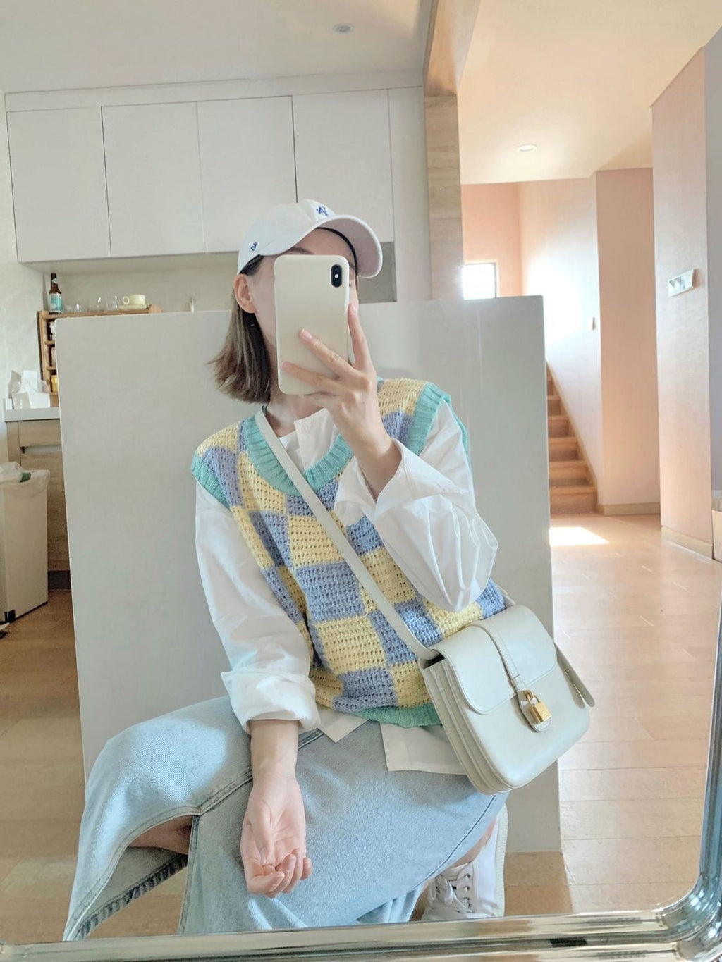Blue & Yellow Checkered Crochet Sweater Vest