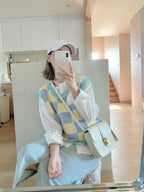 Blue & Yellow Checkered Crochet Sweater Vest