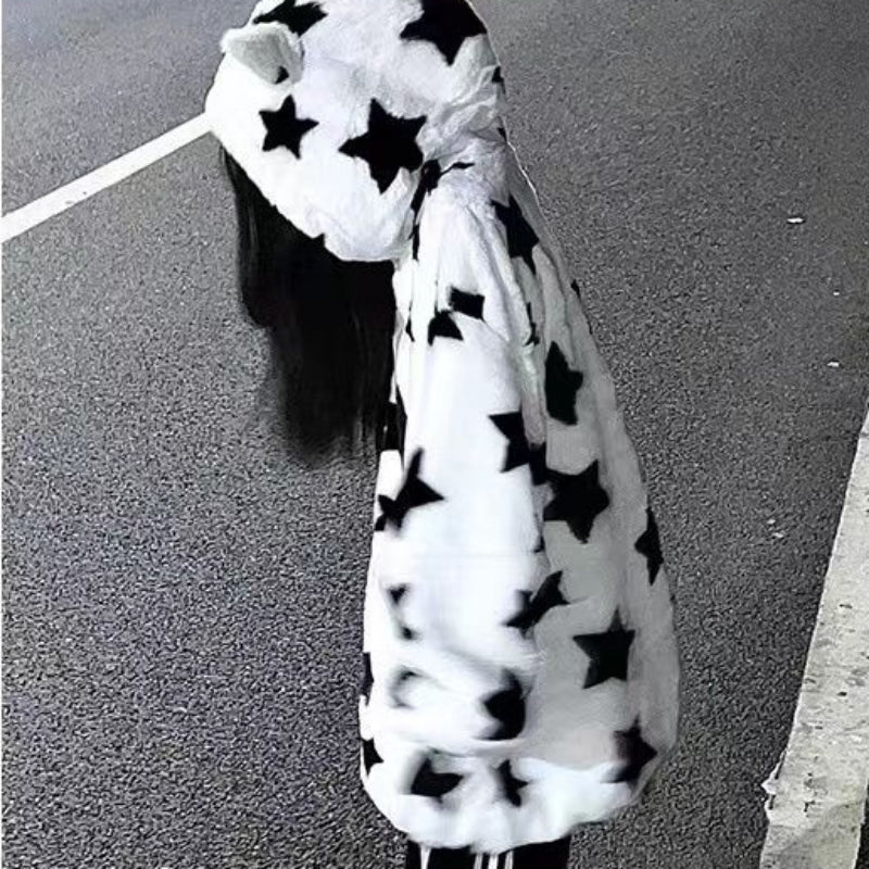 3D Star Ear Print Plush Hood Jacket
