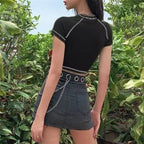 Black Japanese Anime Cartoon Print Crop Top Short Sleeve Shirt T-shirt