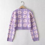 Cute Vintage 90s Purple Pink Flowers Cardigan Long Sleeve Shirt Top V Neck Sweater Jumper Aesthetic E-Girl Kawaii Korean Japanese Harajuku Streetwear