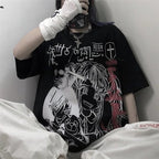 Dark Anime Girl Cartoon Print Loose Short Sleeve T-shirt Top Summer Causal Goth Punk E-Girl Kawaii Korean Japanese Harajuku Streetwear