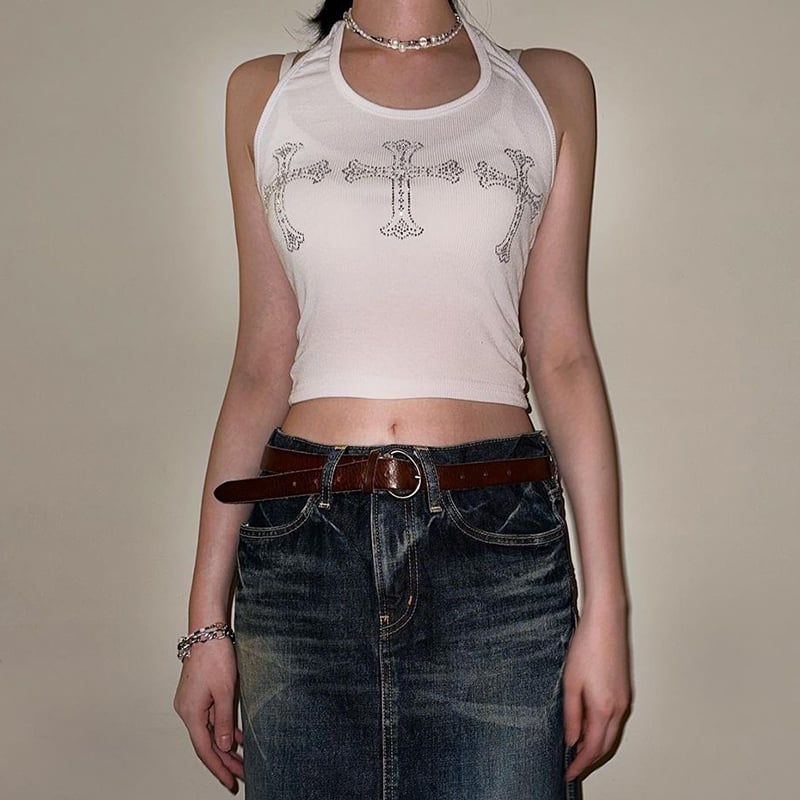 White Cross Rhinestone Halter Top