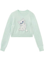 Blue Cat Print Cropped Sweater