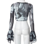 Y2K Punk Print Flare Long Sleeve Top