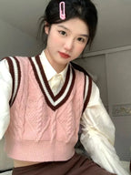 Pink Cable Knit V Neck Sweater Vest