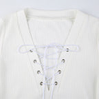 White Knit V Neck Long Sleeve Shirt