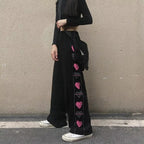 Black Heart Print Wide Leg Trousers