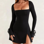 Black Square Neck Long Sleeve Mini Dress