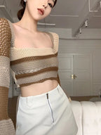 Brown Crochet Bell Sleeve Cut Out Long Sleeve Shirt