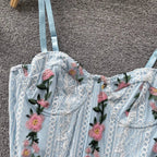 Blue Floral Embroidery Corset Top