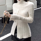 White Button Up Split Slash Neck Sweater