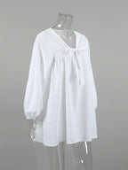 White Cotton Lantern Long Sleeve Dress
