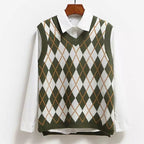 Cute Argyle V Neck Sleeveless Vest Knit Sweater Pullover Jumper Tank Top Autumn Aesthetic E-Girl Kawaii Korean Japanese Harajuku Streetwear