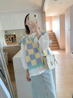 Blue & Yellow Checkered Crochet Sweater Vest
