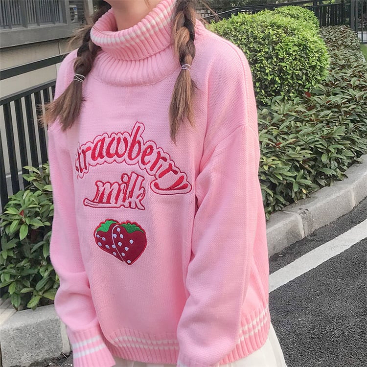 Cute Pastel Pink Strawberry Milk Turtleneck Knit Sweater Sweatshirt Jumper Long Sleeve Pullover E-Girl Kawaii Korean Japanese Harajuku Streetwear