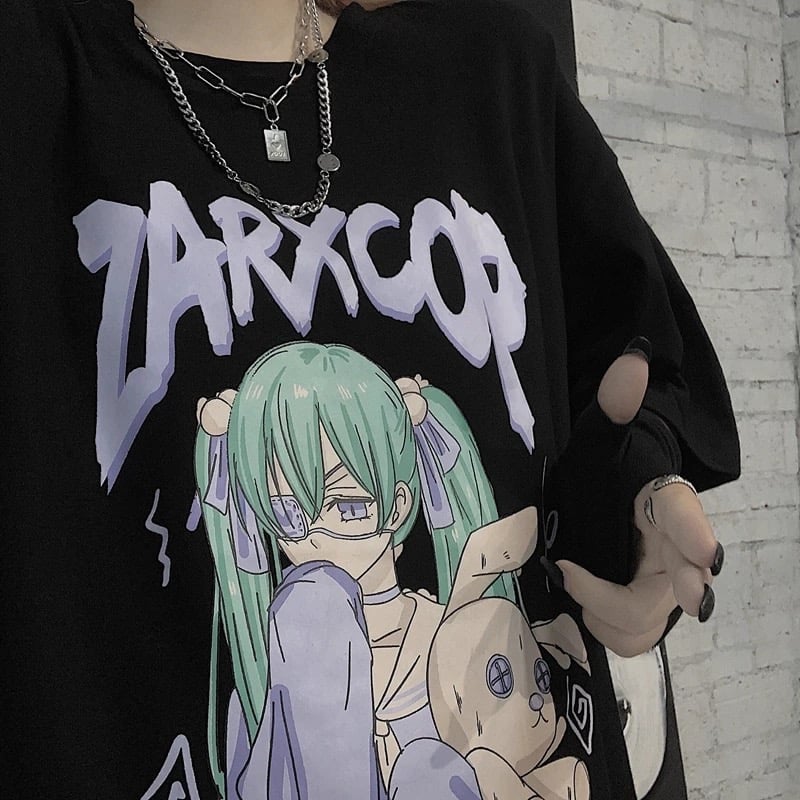 Black Anime Girl Cartoon Print Vintage Oversize Loose Short Sleeve Shirt T-shirt Tee Top Goth Punk E-Girl Kawaii Korean Japanese Harajuku Streetwear
