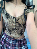 Cat Embroidery Lace Up Corset Top