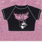 Black Japanese Anime Cartoon Print Crop Top Short Sleeve Shirt T-shirt