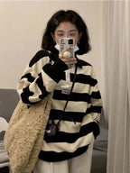 Black & White Stripe Polo Collar Sweatshirt