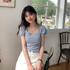 Blue Puff Sleeve Square Collar Top