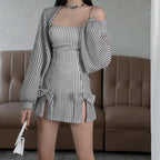 2PCS Vertical Stripe Slip Dress + Jacket