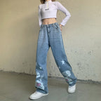 Blue Skull Print Denim Straight Leg Jeans