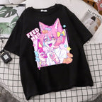 Cute Pastel Sweet Fox Anime Girl Cartoon Print Short Sleeve T-shirt Loose Punk Aesthetic Casual Summer E-Girl Kawaii Korean Japanese Harajuku