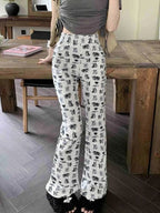 Puppy & Kitten Print Flare Trousers