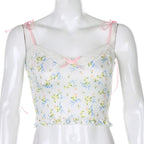 Lace Frill Floral Print Crop Top Summer Sleeveless Camisole Causal E-Girl Kawaii Korean Japanese Harajuku Streetwear