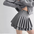 Preppy Double Pleated High Waisted Mini Skirt Aesthetic Casual E-Girl Kawaii Korean Japanese Harajuku