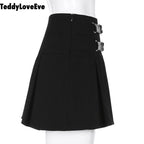 Cute Goth Dark Grunge Punk Pleated High Waisted Rivet Patchwork Mini Skirt Bottoms E-Girl Kawaii Korean Japanese Harajuku Streetwear