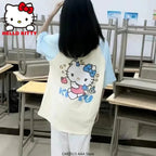Japanese Cat Print Patchwork Short Sleeve T-shirt