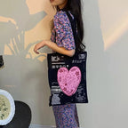Cute Cupid Angel Love Heart Print Canvas Tote Shoulder ECO Bag 90s Retro Vintage Aesthetic Casual Summer E-Girl Kawaii Korean Japanese Harajuku