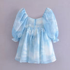 Cute Sexy Blue Cloud Sky Princess Square Neck Puff Sleeve Mini Party Dress Summer Aesthetic E-Girl Kawaii Korean Japanese Harajuku