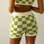 2PCS Green Checkered Knit Crop Top + Shorts