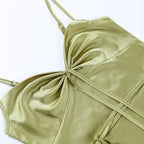 Green Satin Waist Tie Dress